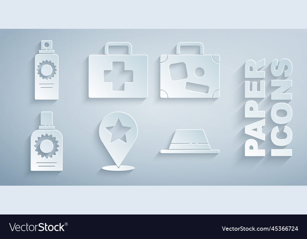 Set map pointer with star suitcase sunscreen vector image Set map pointer with star suitcase sunscreen