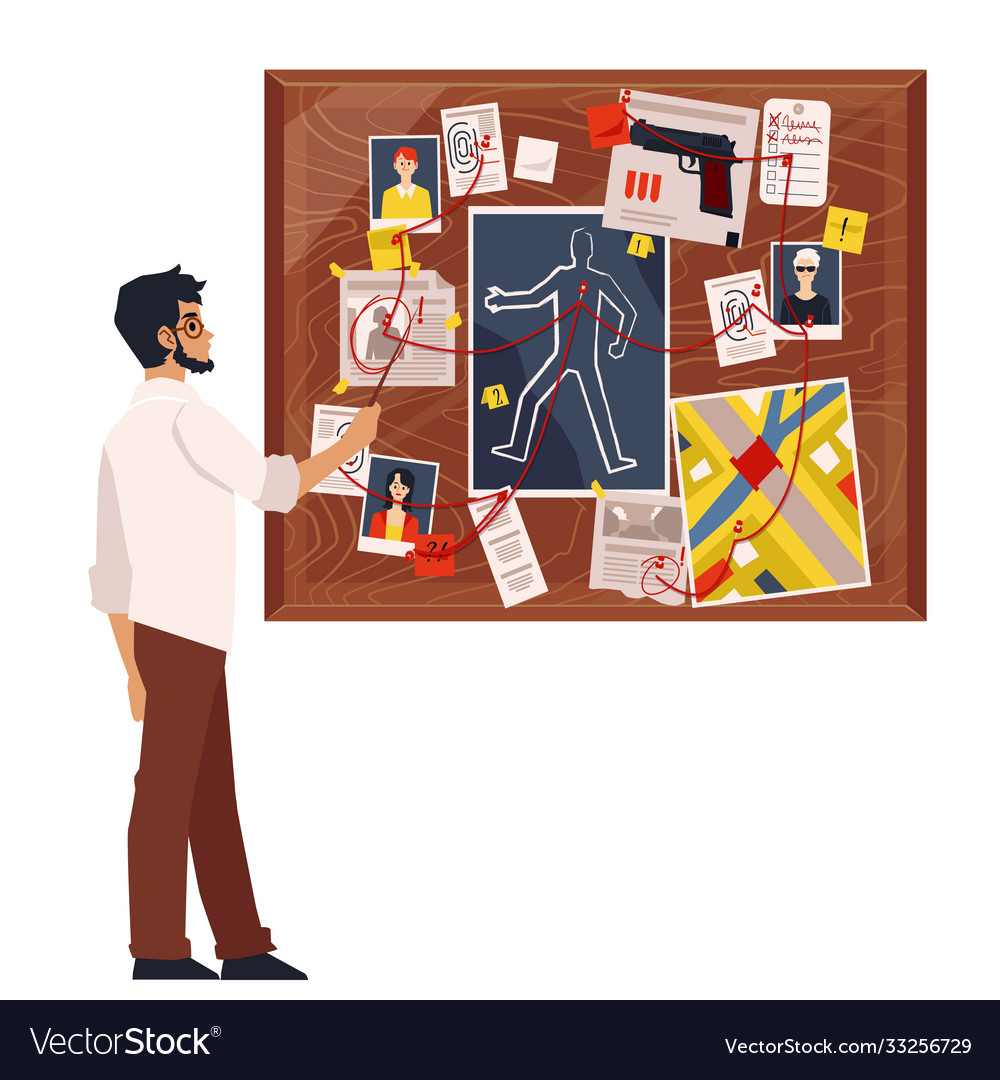 Cartoon detective man looking at crime board Vector Image