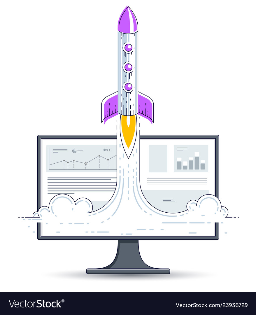 Startup rocket take off over computer monitor