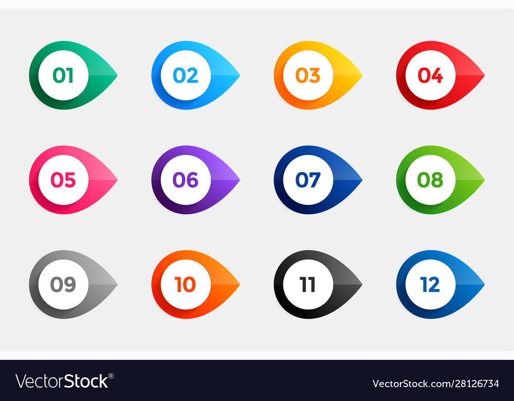 Bullet points from one to twelve in many colors vector image Bullet points from one to twelve in many colors