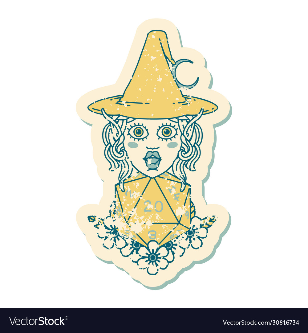 Elf mage character with natural twenty dice roll