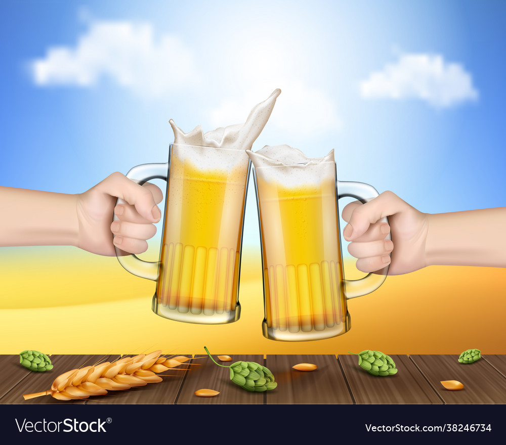 Hands holding glass mugs with beer raised in toast