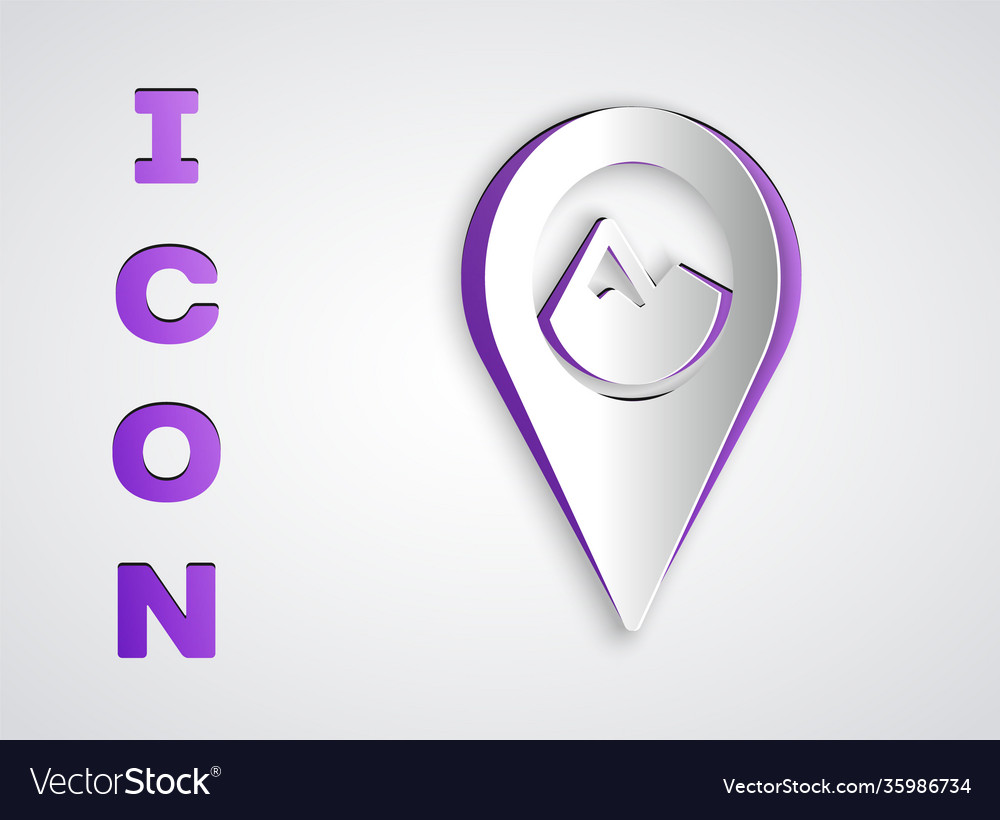 Paper cut map pointer with mountain icon isolated