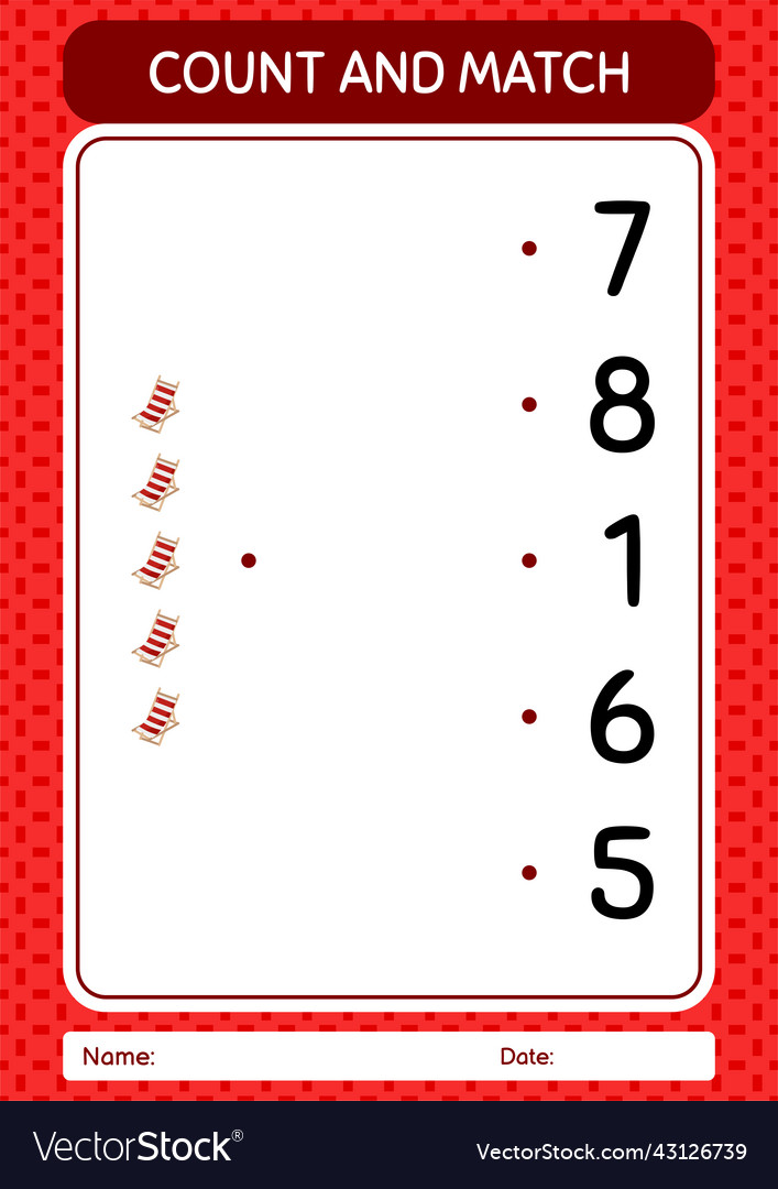 Count and match game with beach bench worksheet
