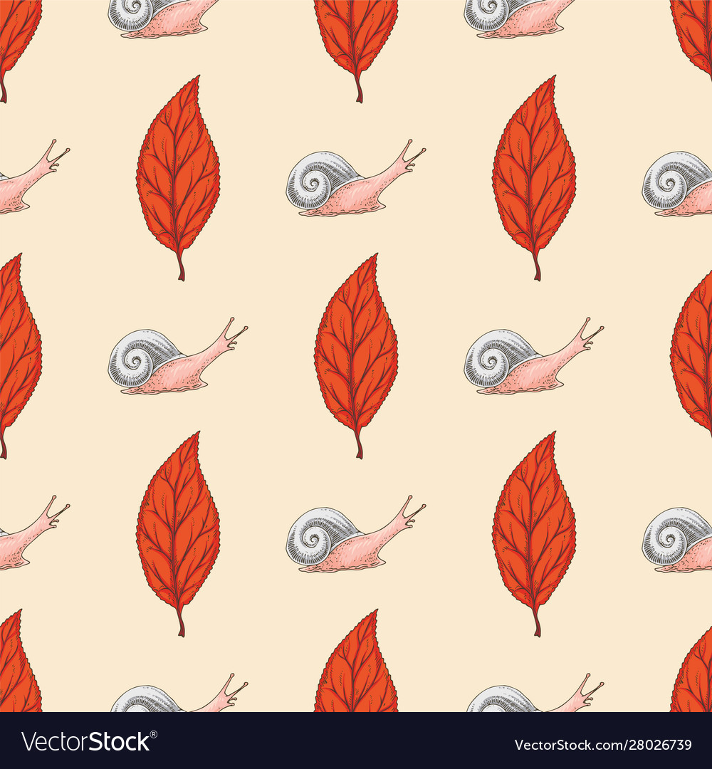Seamless pattern with red beech leaf and snails