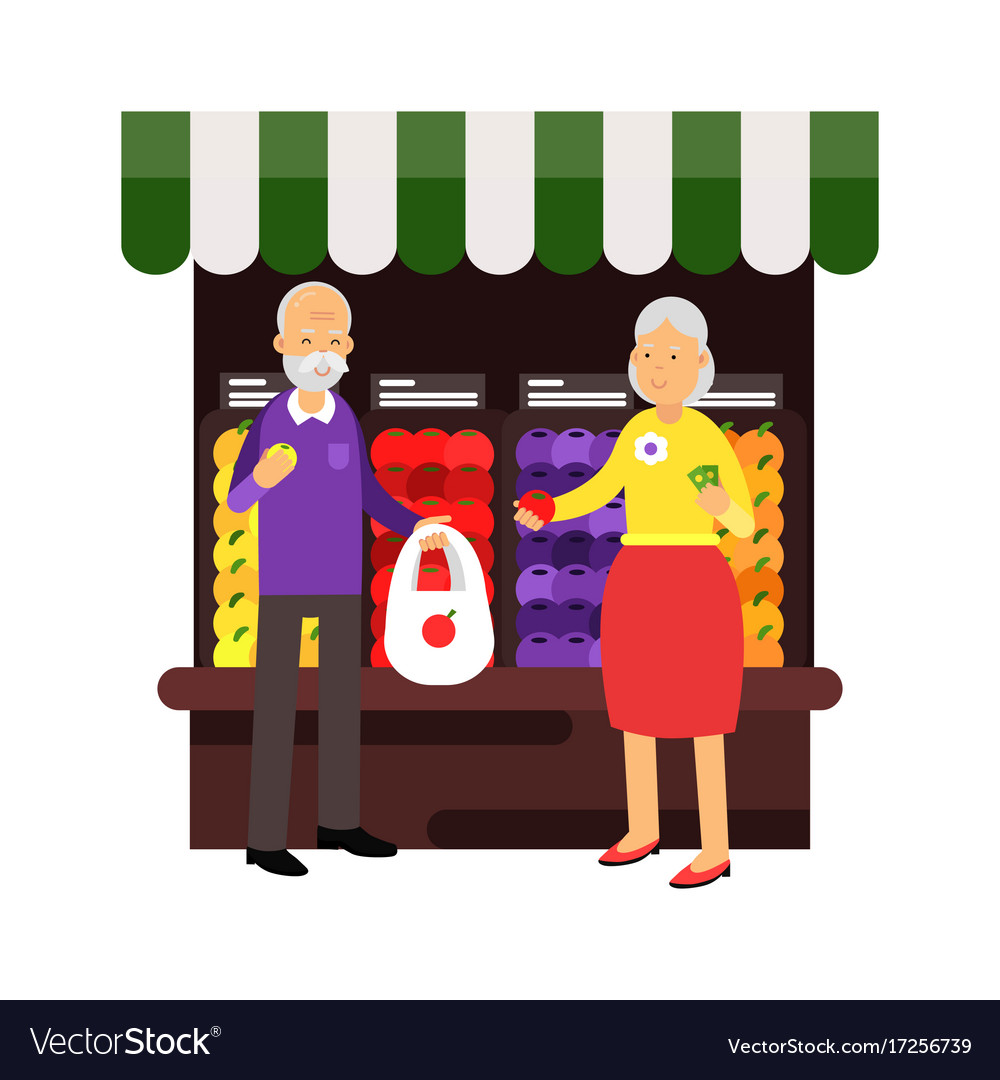 Senior couple characters buying fresh fruits