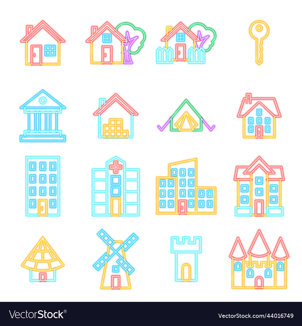 Building neon icons isolated Vector Image Building neon icons isolated
