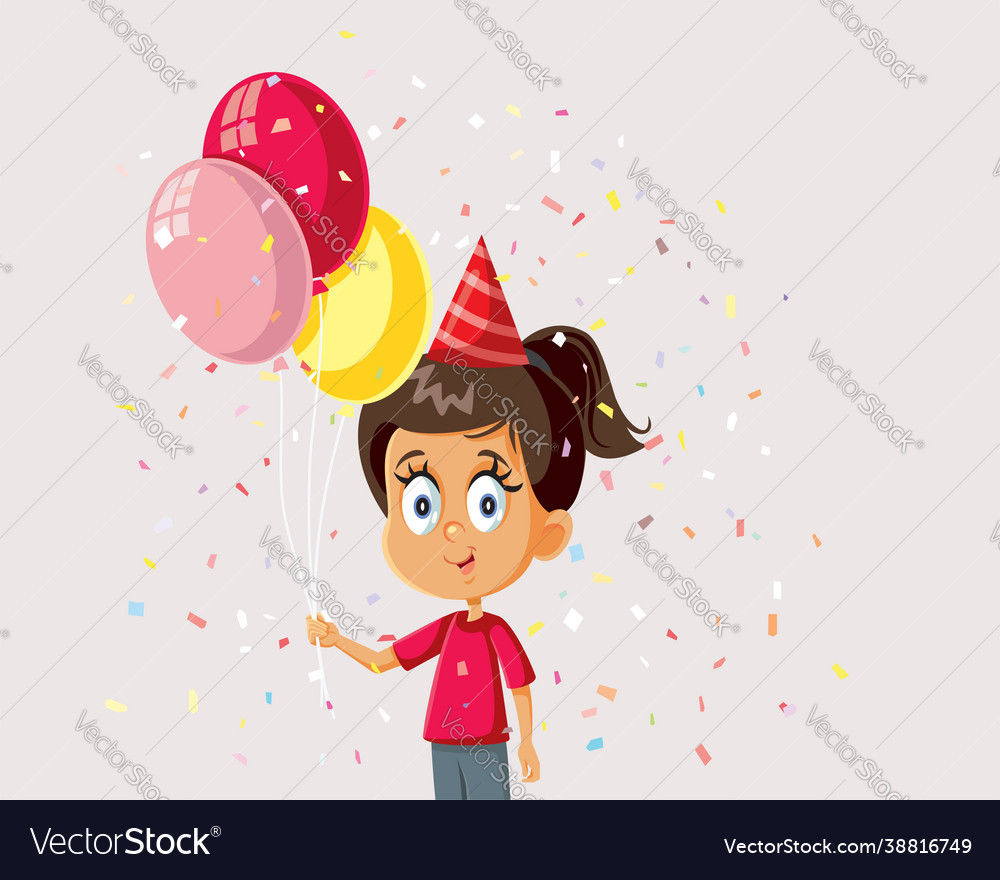 Little girl celebrating with balloons cartoon