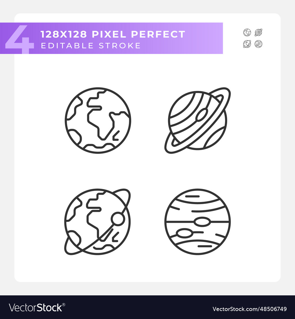 Planets pixel perfect linear icons set vector image Planets pixel perfect linear icons set