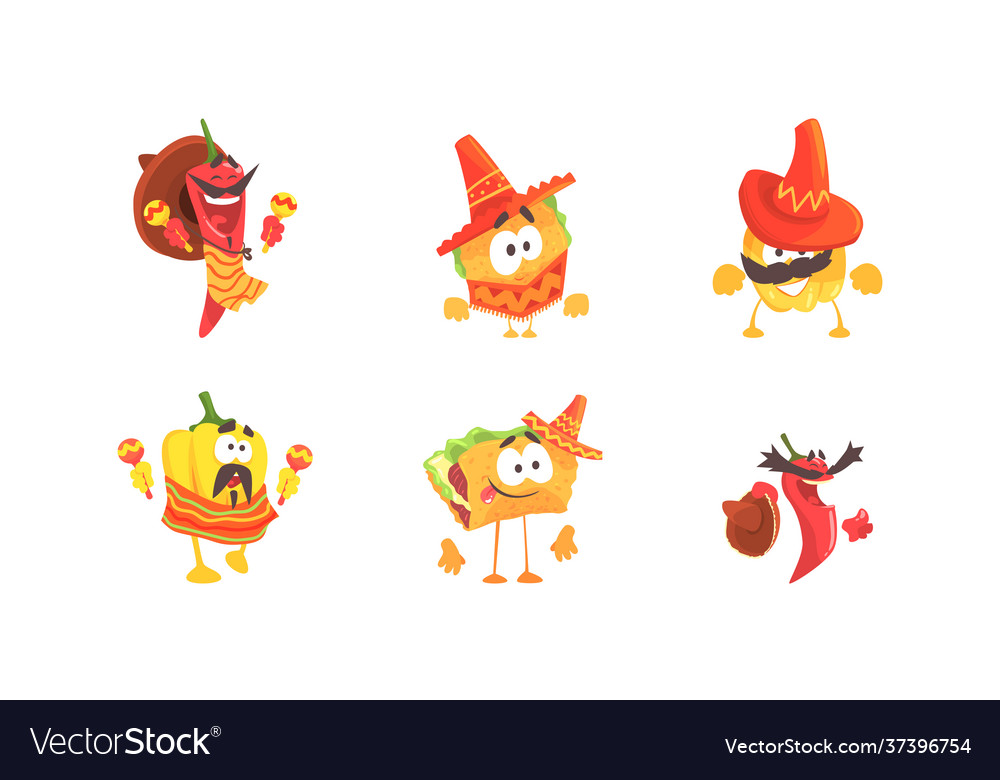 Traditional mexican food characters set funny hot