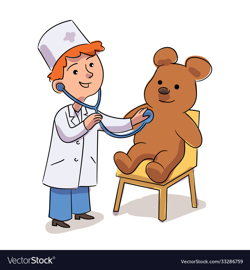 Cute handsome little boy doctor listening teddy