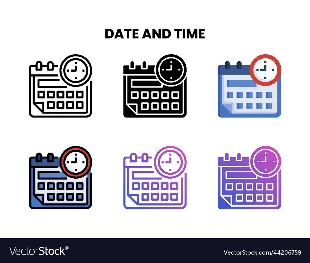Date and time icon set with different styles vector image Date and time icon set with different styles