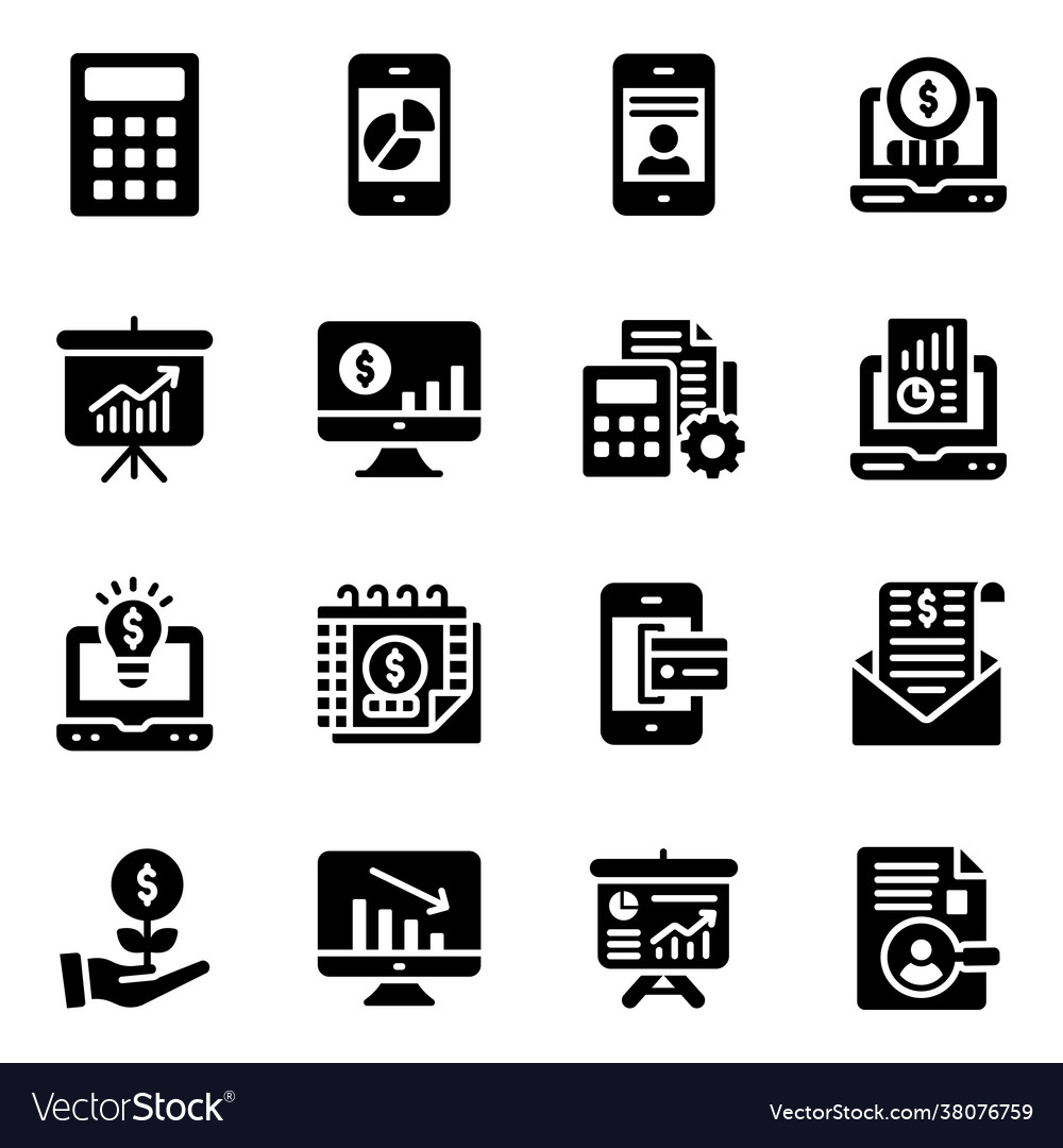 Pack digital analytics glyph icons Royalty Free Vector Image