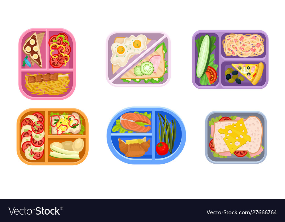 Lunchbox containers set with bright content view vector image Lunchbox containers set with bright content view