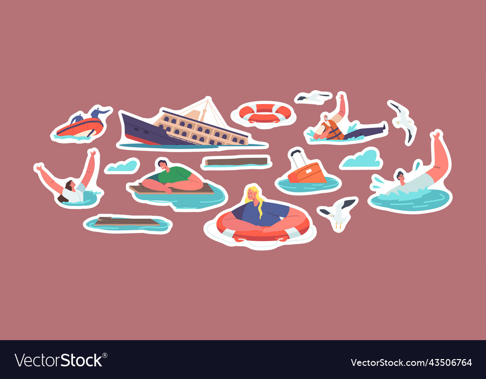 Set of stickers shipwreck and sinking people