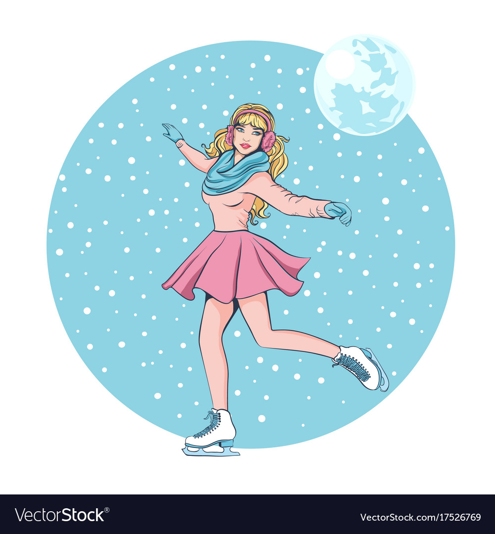 Beautiful girl with long hair skates in winter Vector Image