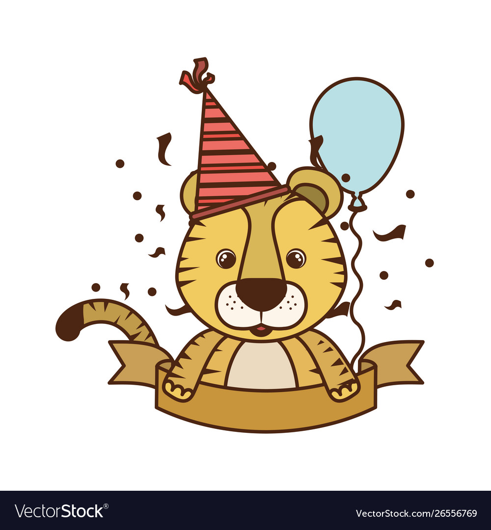 Cute tiger with party hat on white background Vector Image