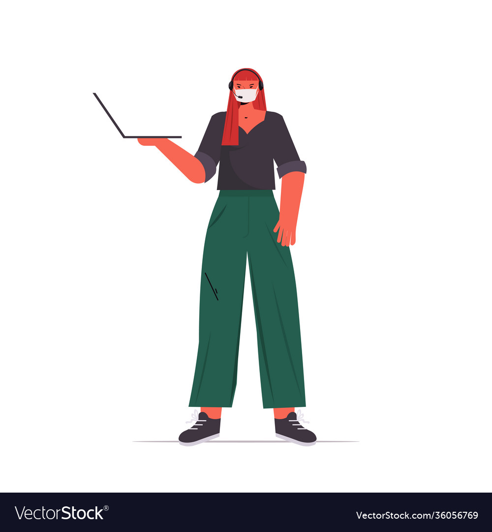Operator in headset wearing mask to prevent vector image Operator in headset wearing mask to prevent