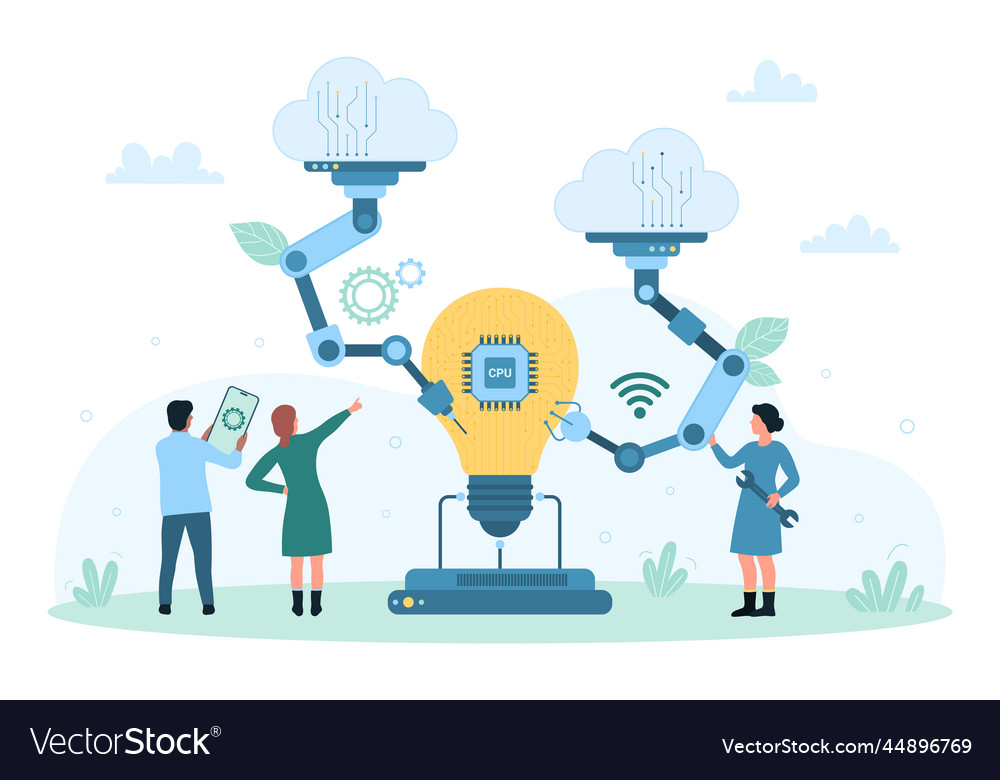 Project development tiny people use machines Vector Image Project development tiny people use machines