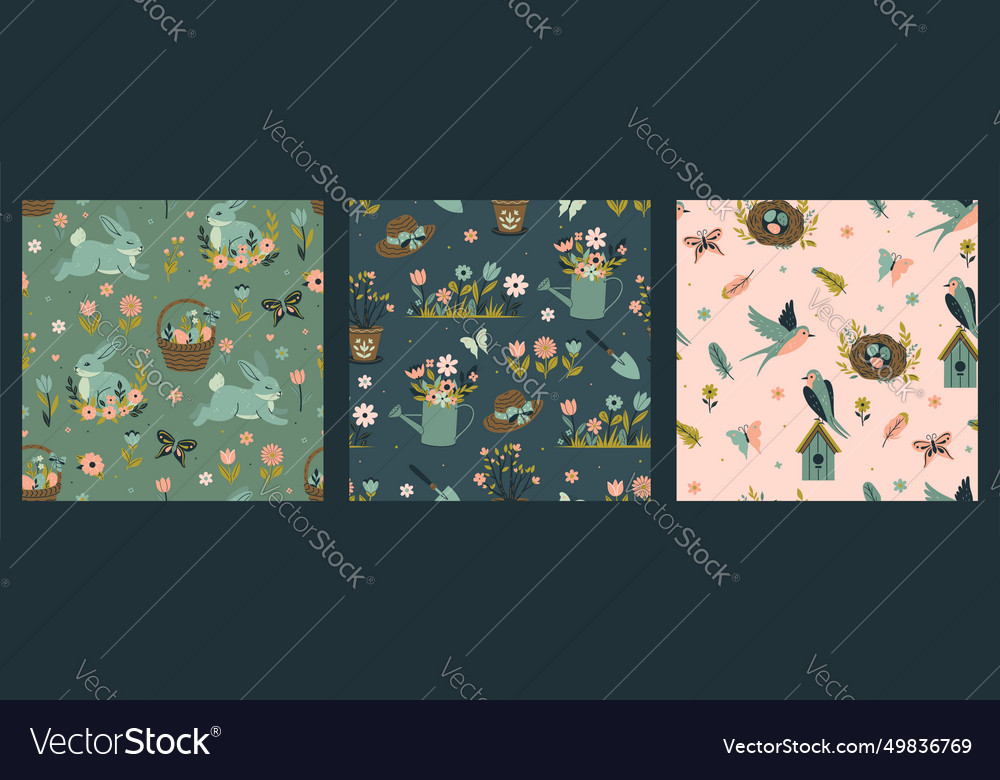 Set of spring seamless patterns with swallows vector image Set of spring seamless patterns with swallows