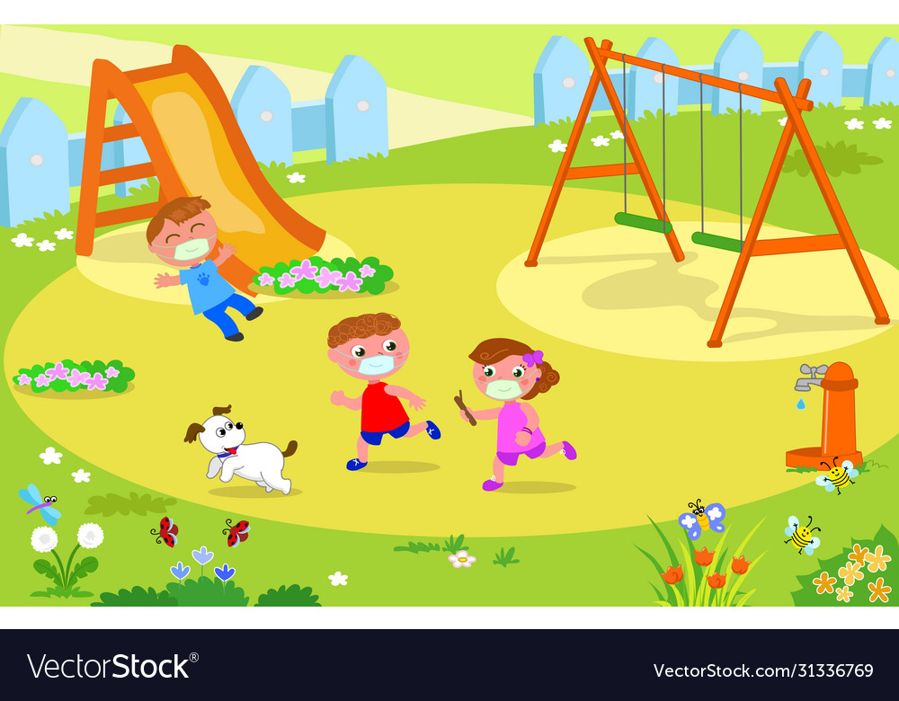 Three kids with protection masks at playground Vector Image