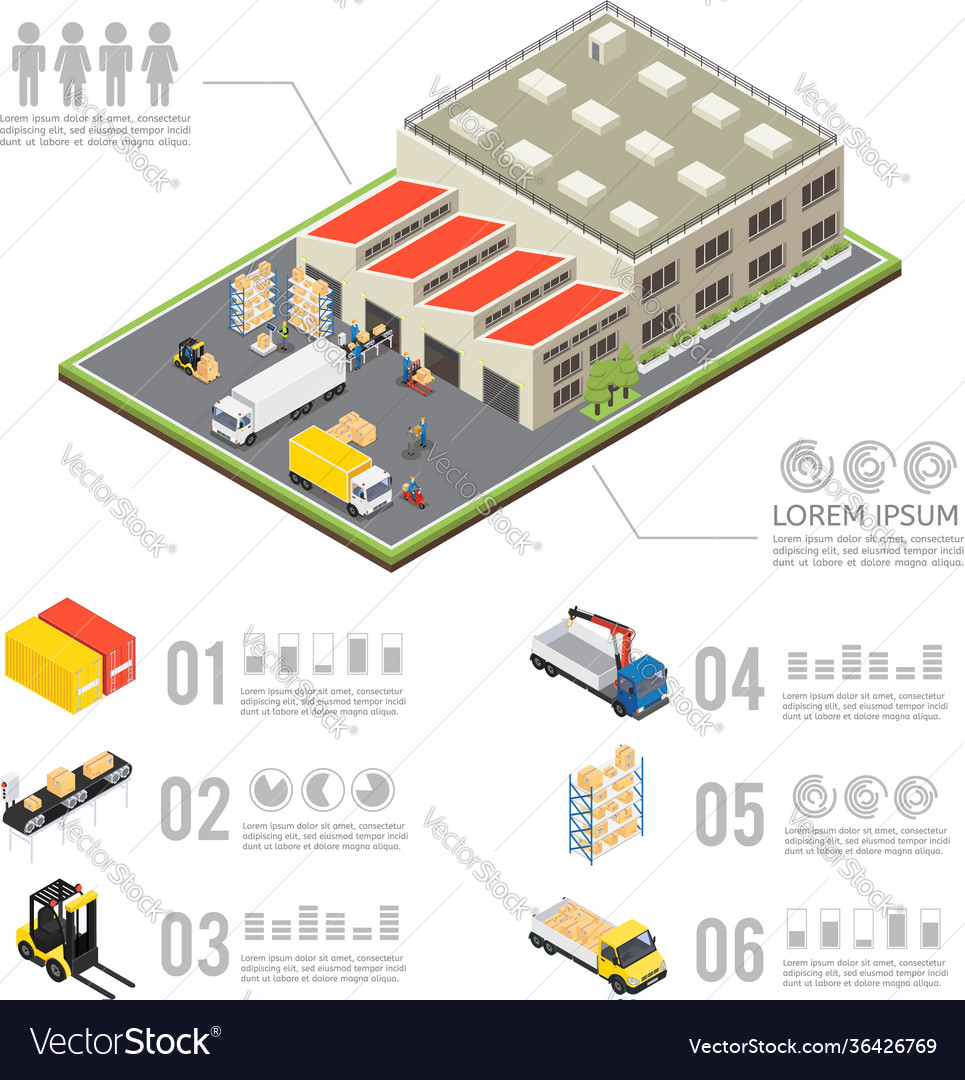 Warehouse isometric infographics Royalty Free Vector Image image.