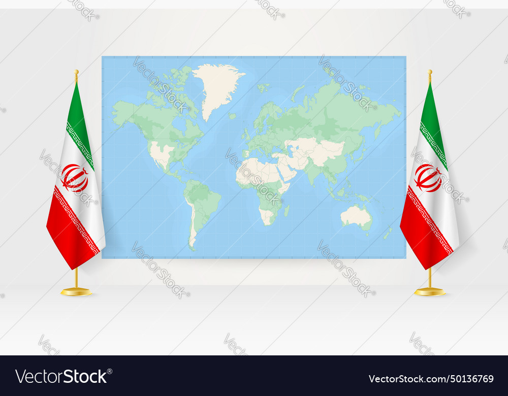 World map between two hanging flags of iran flag Vector Image World map between two hanging flags of iran flag