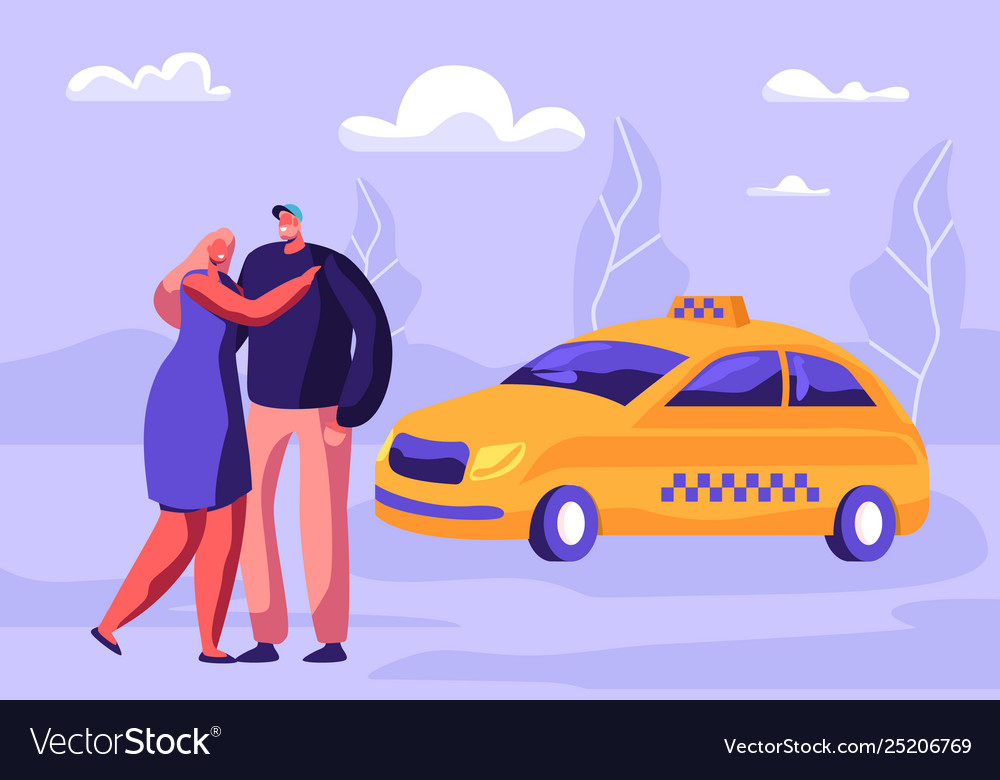 Young hugging couple waiting taxi car