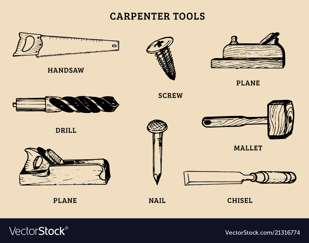 Drawing of carpentry tools of Royalty Free Vector Image