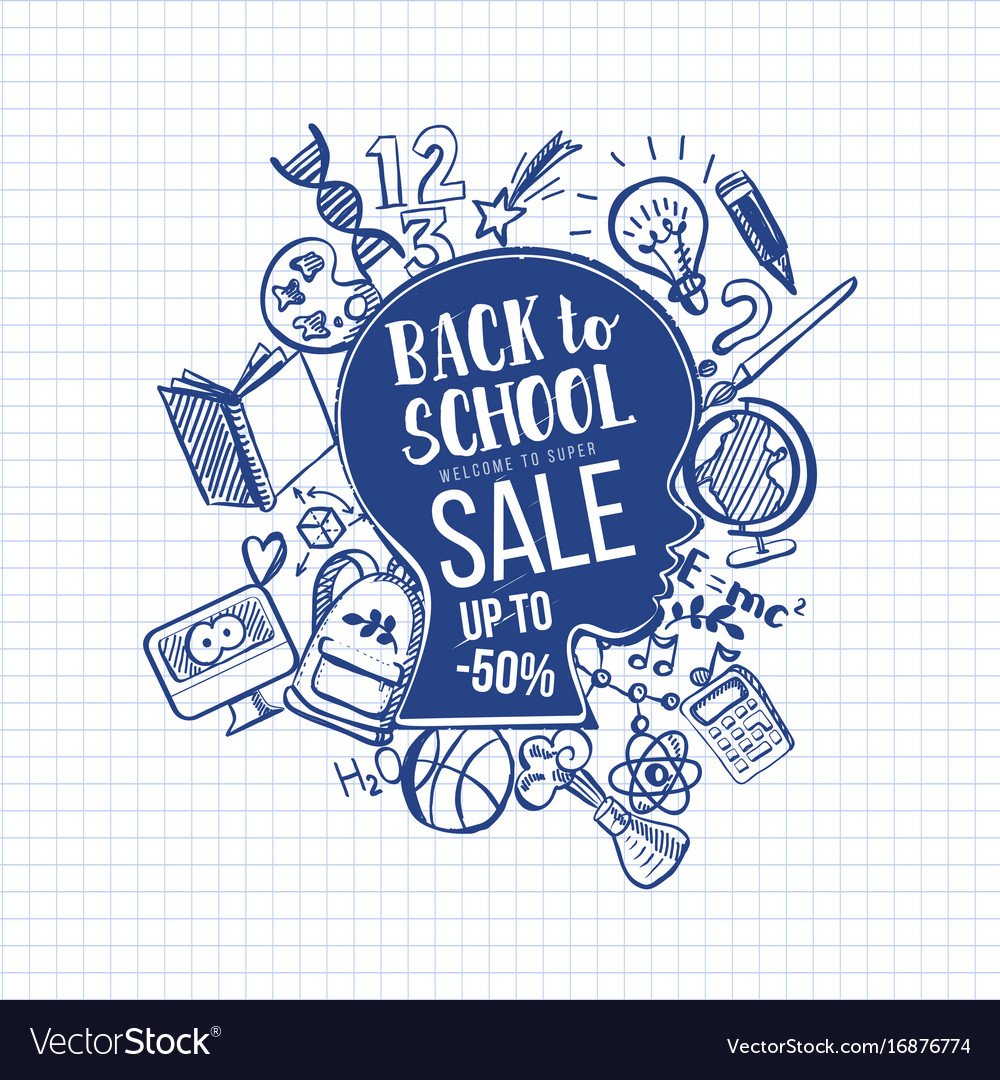 Hand-drawn back to school sale on head