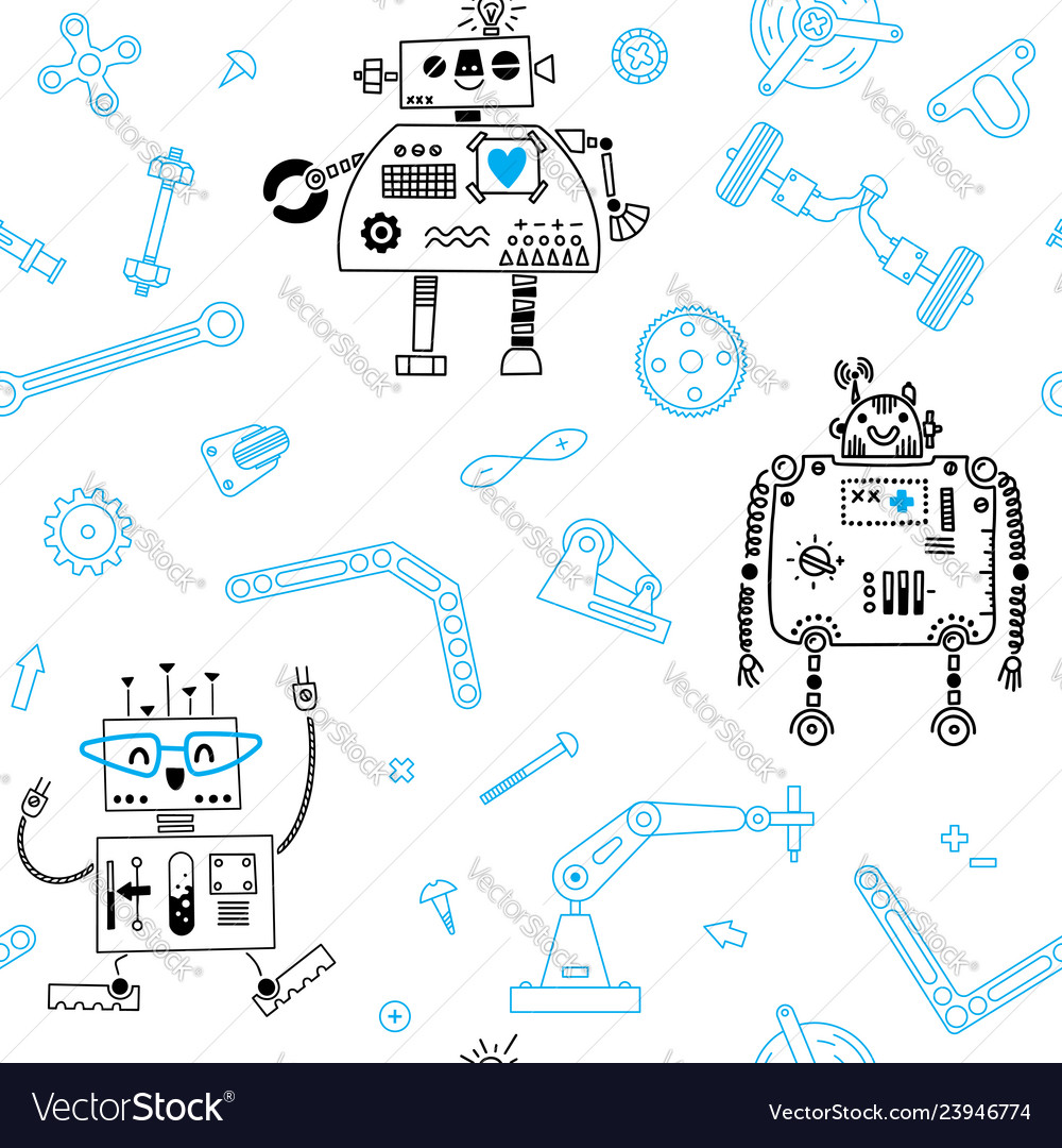 Seamless pattern with robots and details vector image Seamless pattern with robots and details