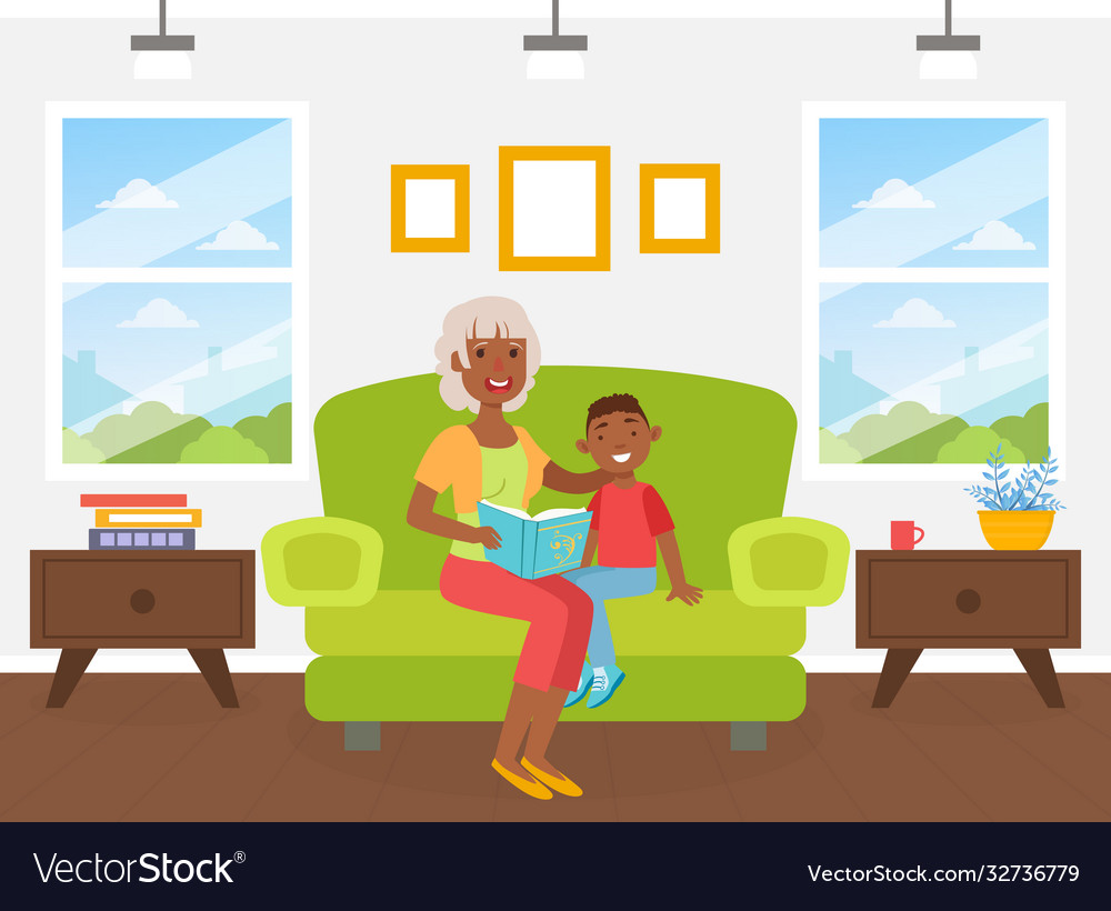 Grandma reading book to her grandson sitting