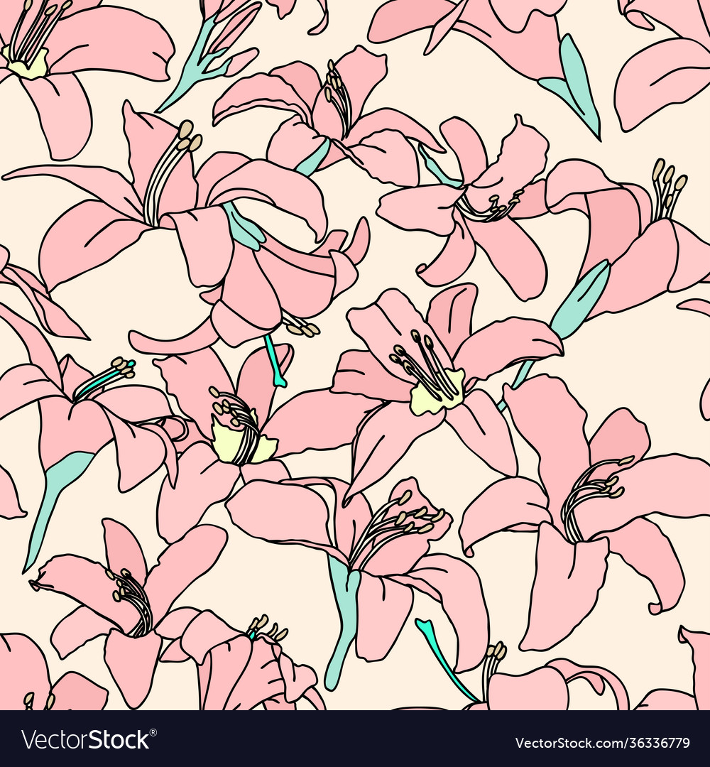 Seamless floral pattern pink lily flowers