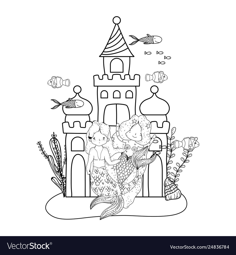 Couple mermaids with castle undersea scene Vector Image