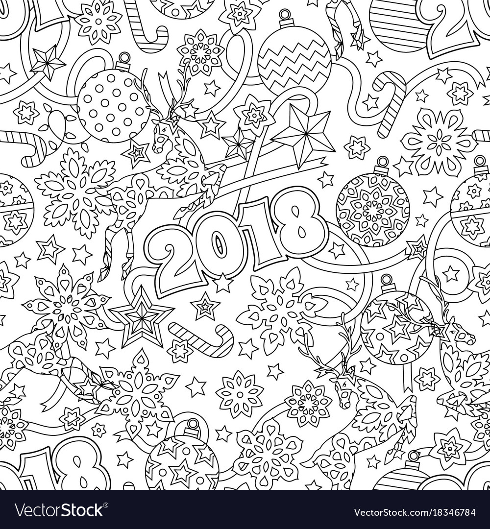 New year 2018 hand drawn outline festive seamless