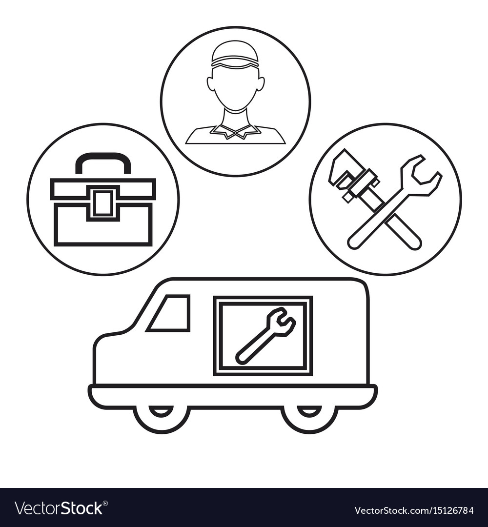 Sketch contour vehicle with icons in circular