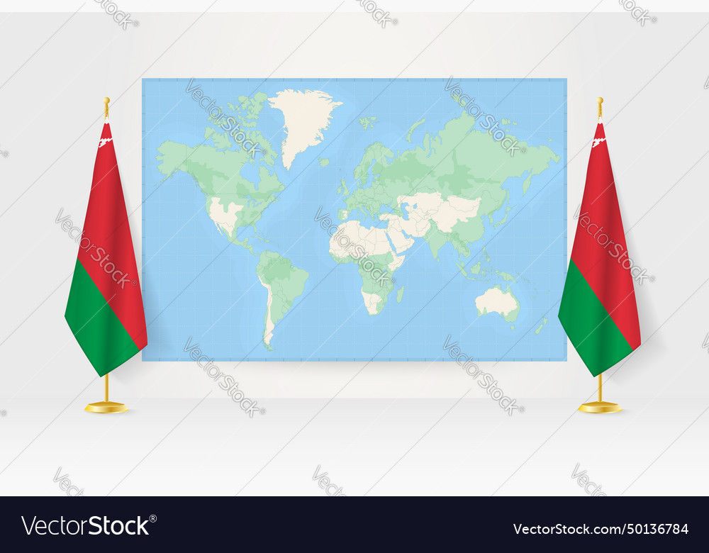 World map between two hanging flags of belarus