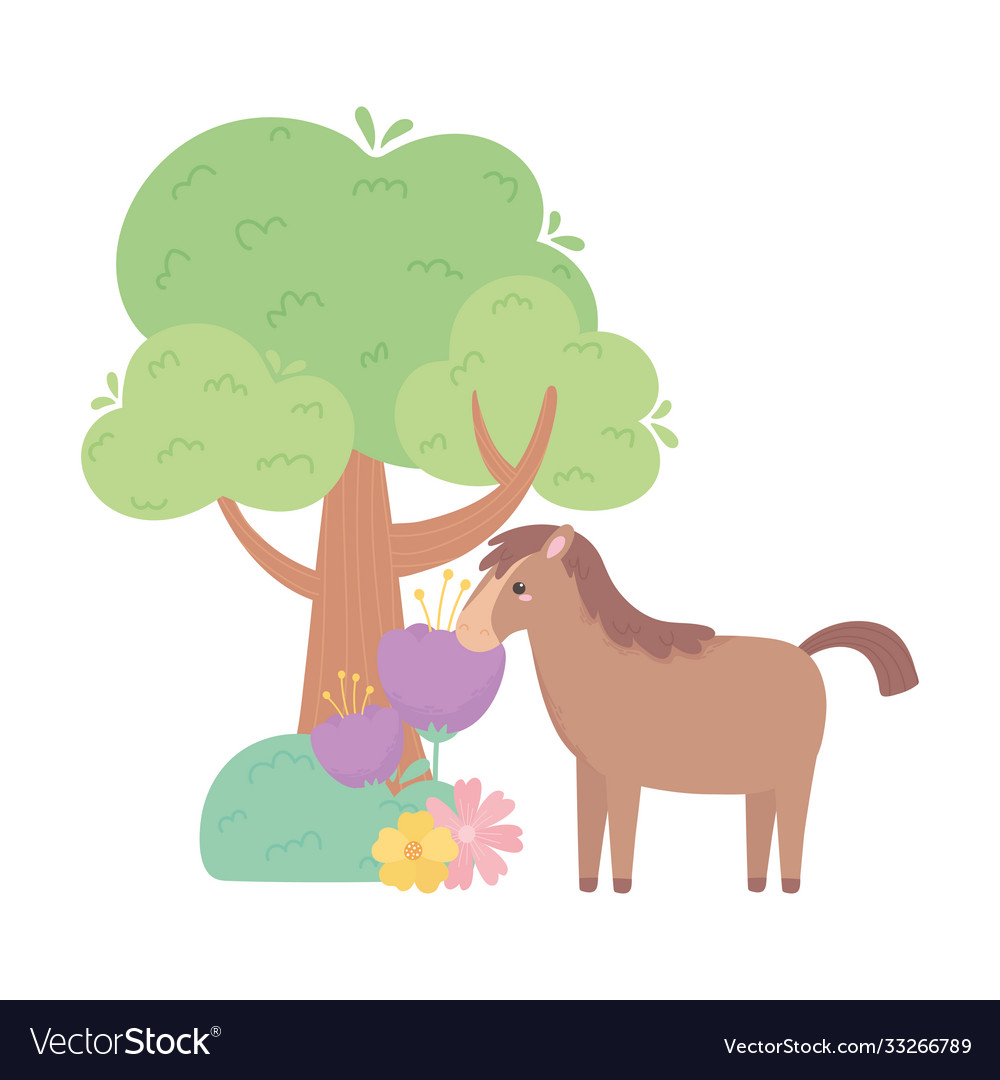 Cute horse flowers tree grass cartoon animals Vector Image