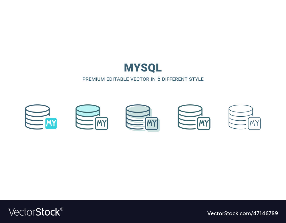 Mysql icon in 5 different style outline filled vector image Mysql icon in 5 different style outline filled
