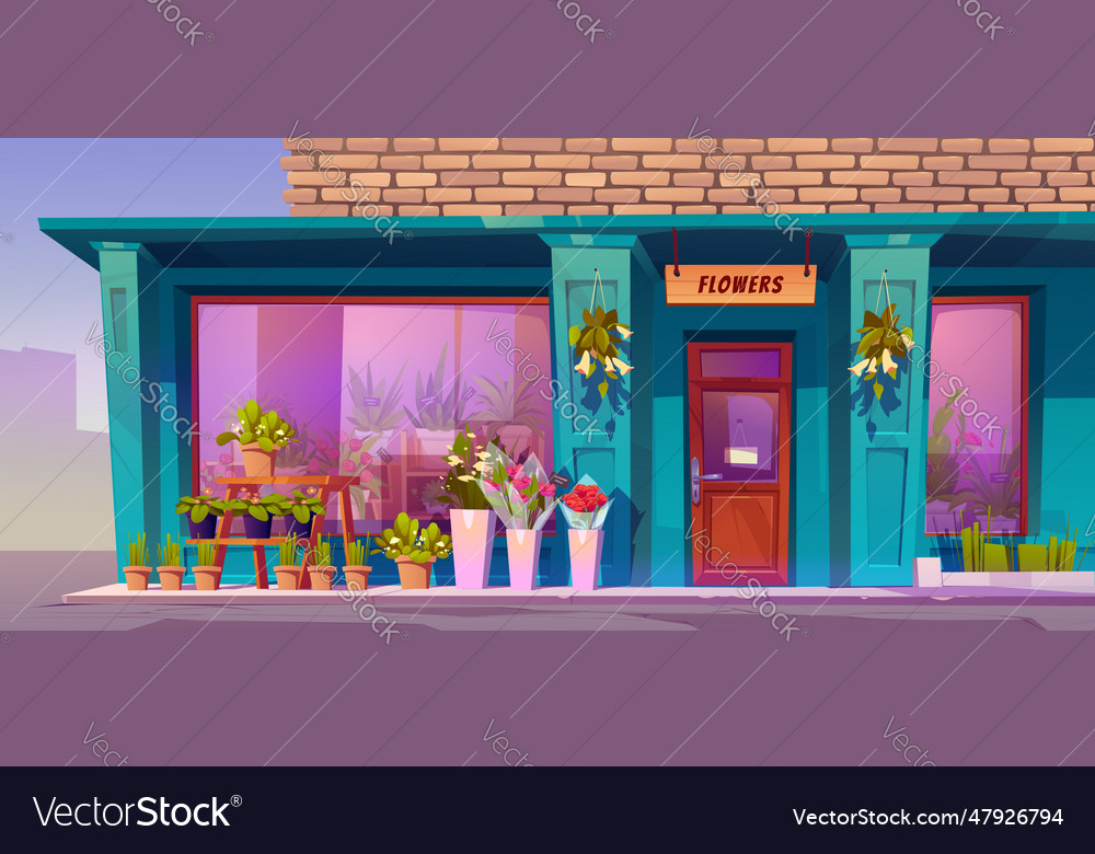 Corner street flower shop building on city street Vector Image