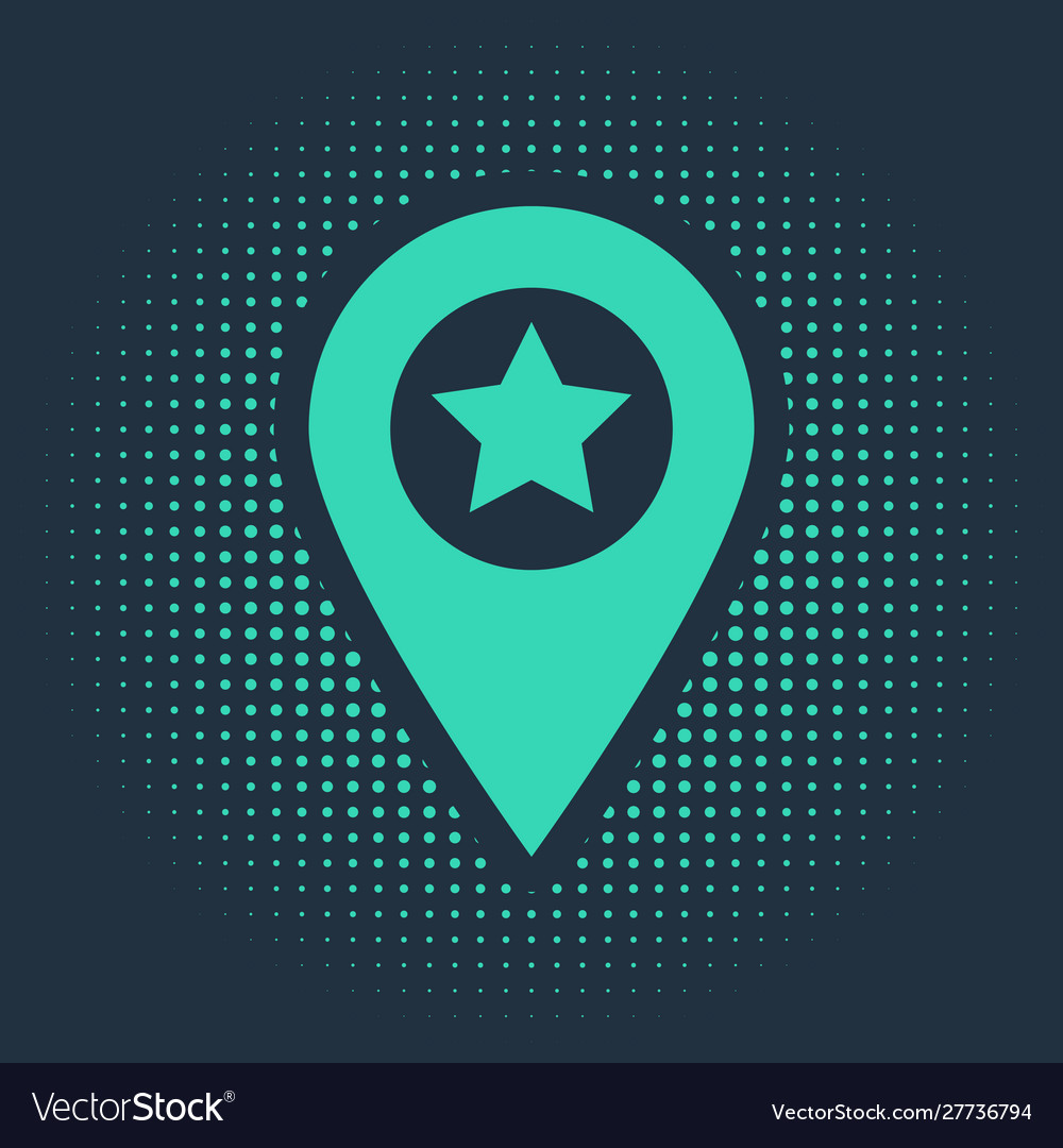 Green map pointer with star icon isolated on blue