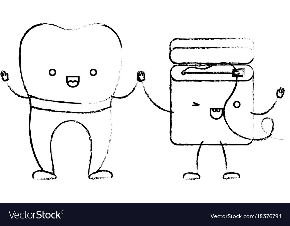 Implant tooth and dental floss in cartoon holding