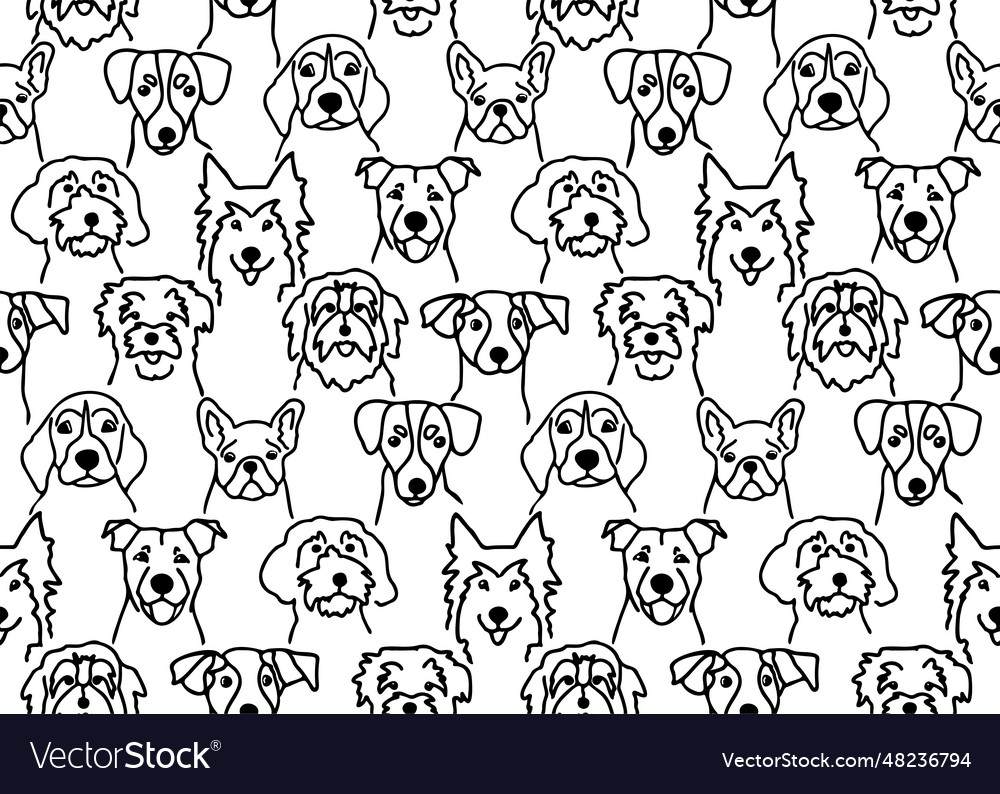 Seamless pattern with black outline doodle dogs