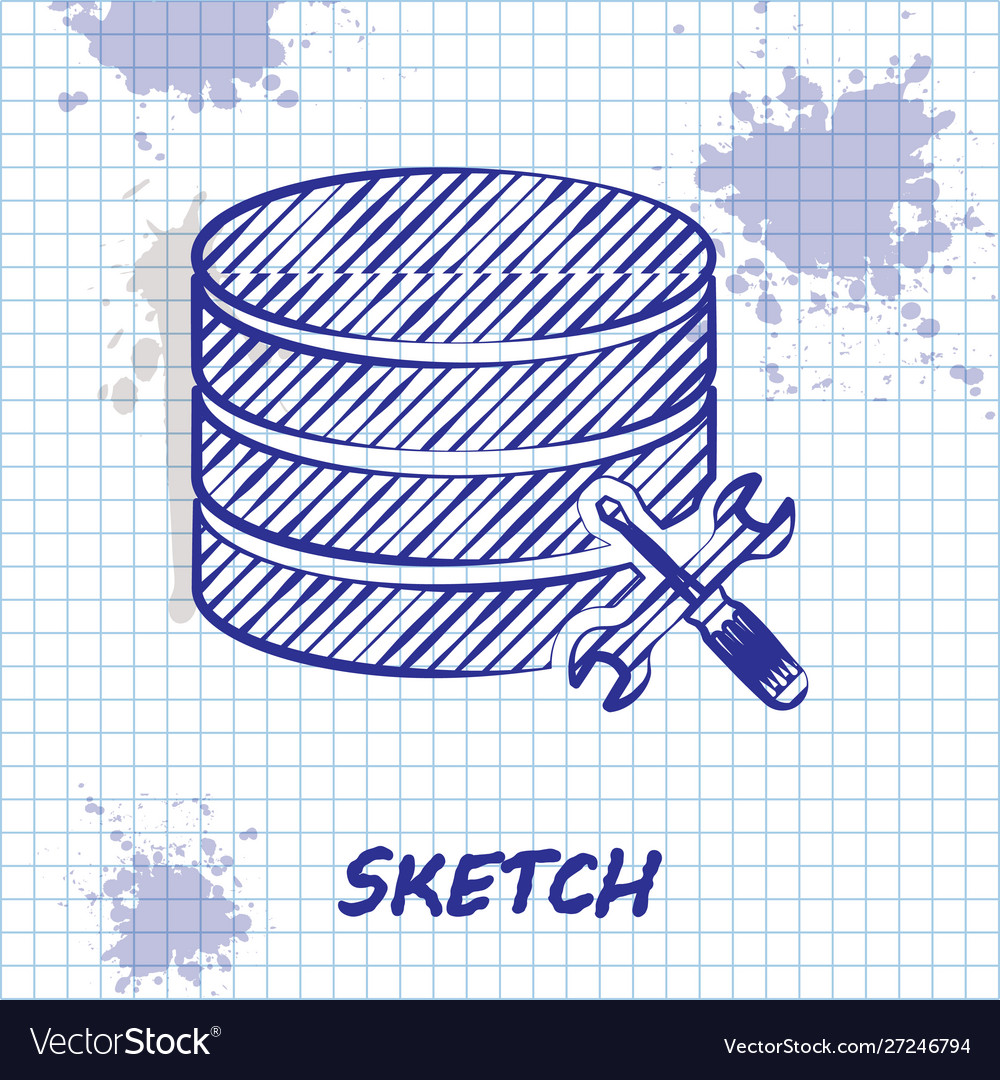 Sketch line database server with screwdriver vector image Sketch line database server with screwdriver