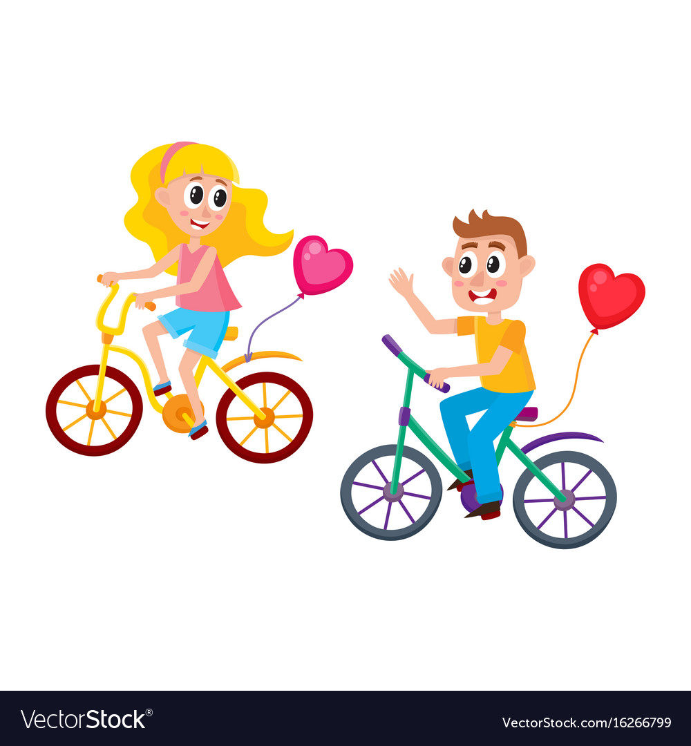 Boy and girl dating riding bicycles together