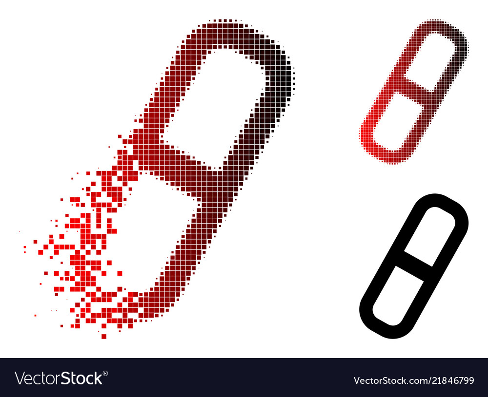 Disintegrating dotted halftone pill icon