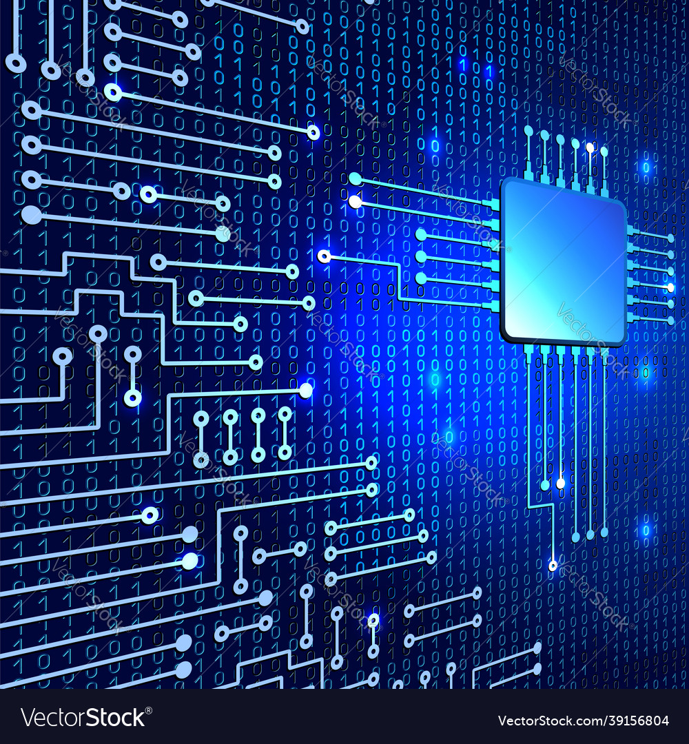 Modern electronic circuit and binary code on blue vector image Modern electronic circuit and binary code on blue