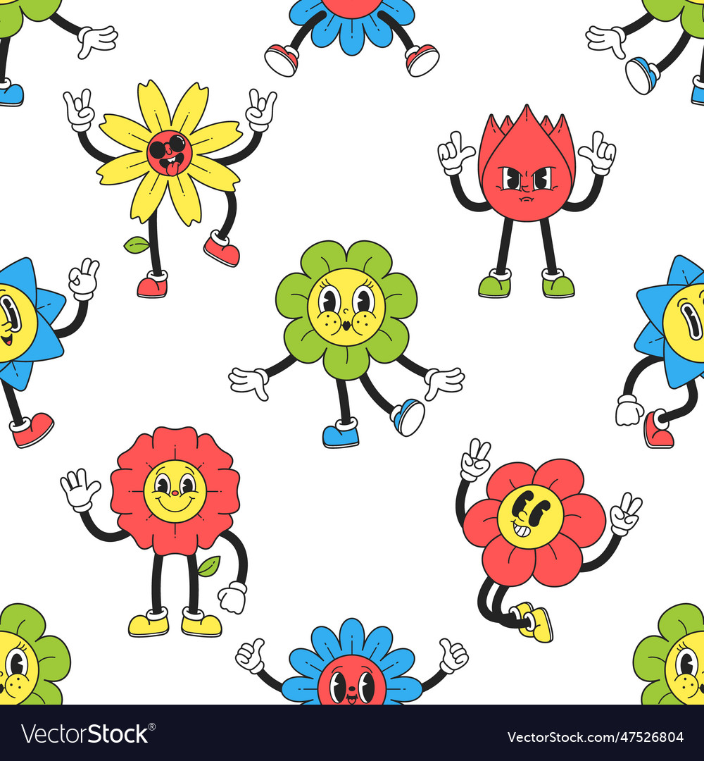 Seamless pattern with y2k flower characters Vector Image Seamless pattern with y2k flower characters