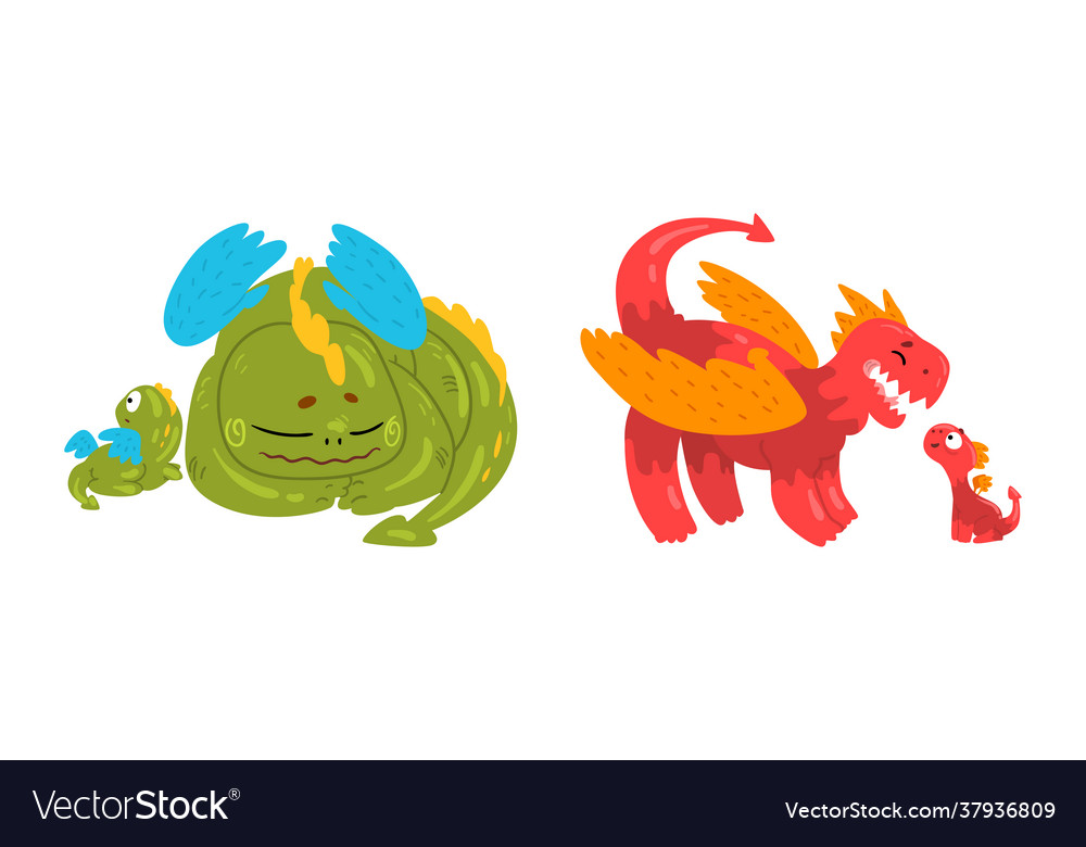 Cute winged dinosaur families set loving mom