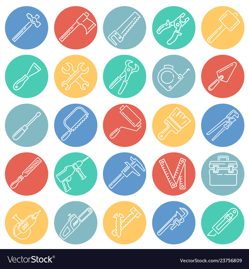 Tools icons line set on color circles white vector image Tools icons line set on color circles white